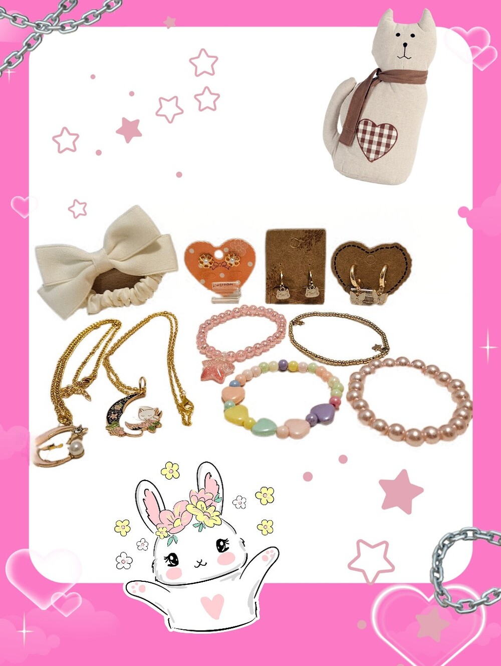 Girl's Pink & White Cat And Bunny Jewelry Bundle
